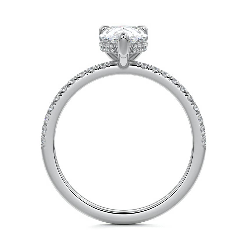 White gold Pear Diamond Ring with Pavé Band and Hidden Halo