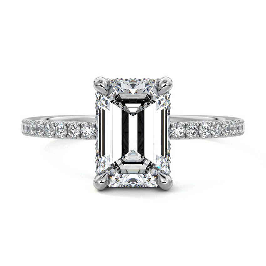 White gold Emerald Diamond Ring with Pavé Band and Hidden Halo