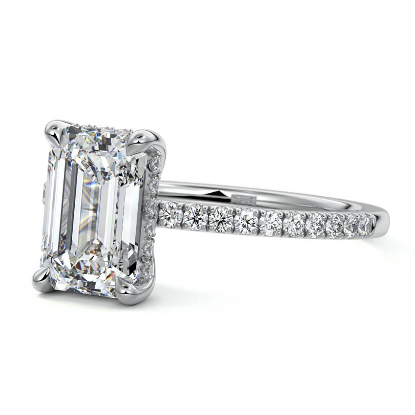 White gold Emerald Diamond Ring with Pavé Band and Hidden Halo