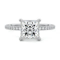 White gold Princess Diamond Ring with Pavé Band and Hidden Halo