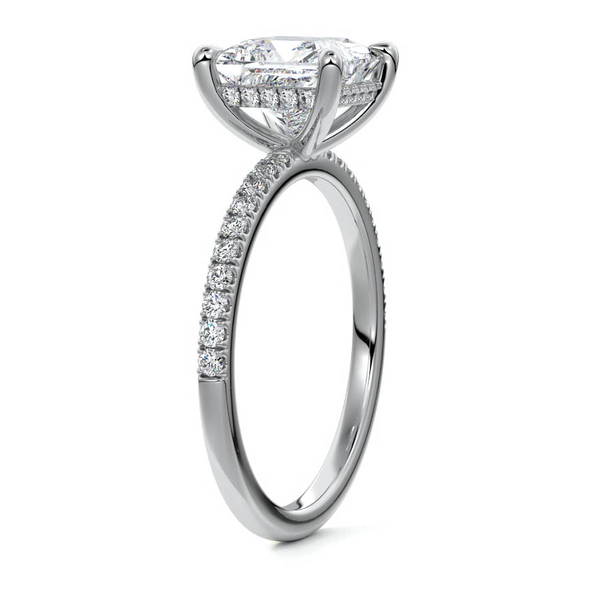 White gold Princess Diamond Ring with Pavé Band and Hidden Halo