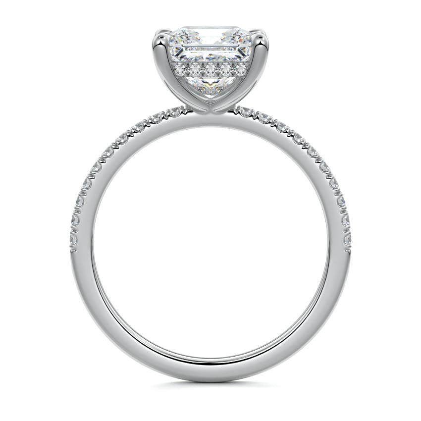 White gold Princess Diamond Ring with Pavé Band and Hidden Halo