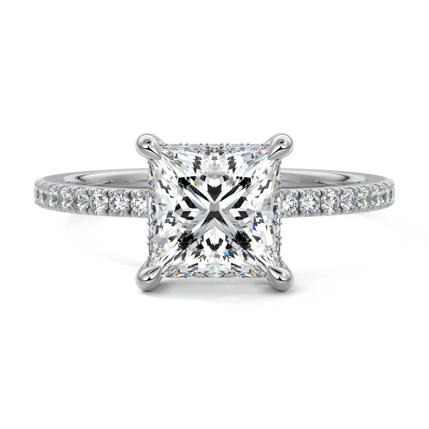 White gold Princess Diamond Ring with Pavé Band and Hidden Halo