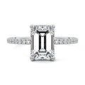 Silver Emerald Diamond Ring with Pavé Band and Hidden Halo