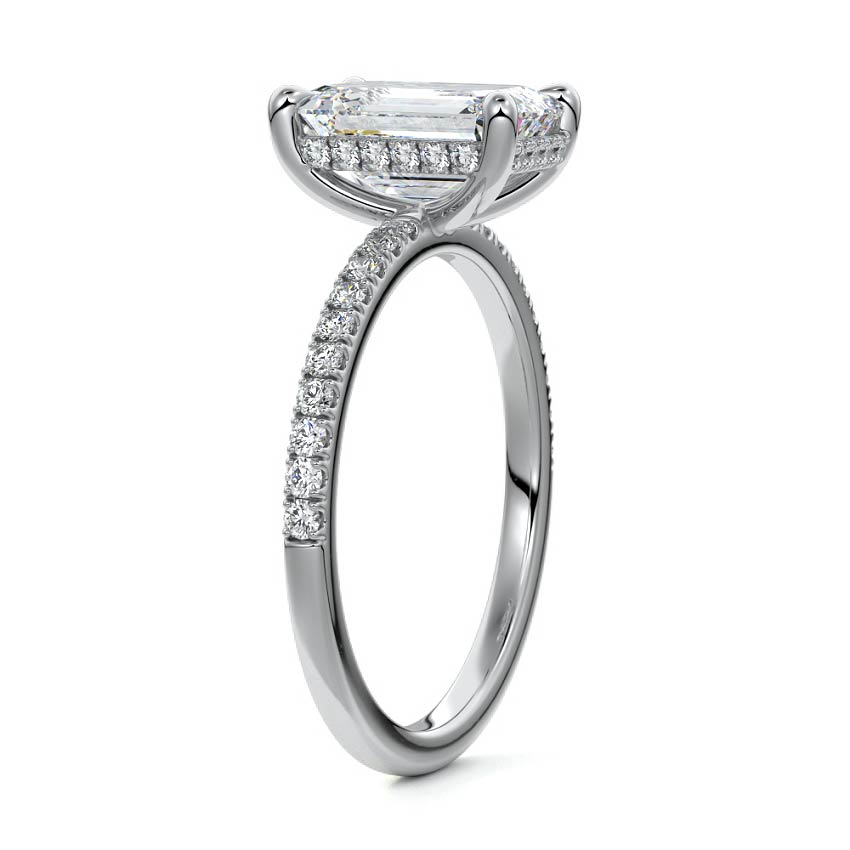 Silver Emerald Diamond Ring with Pavé Band and Hidden Halo