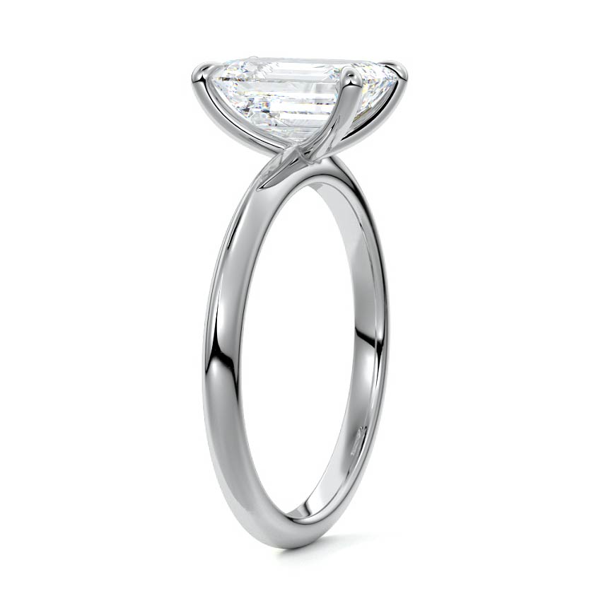 Silver Emerald Diamond Solitaire Engagement Ring with Sculpted Cathedral Setting