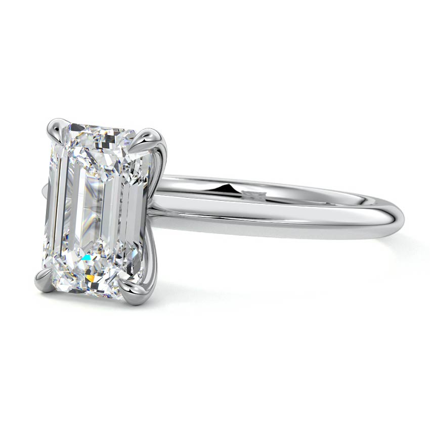 Silver Emerald Diamond Solitaire Engagement Ring with Sculpted Cathedral Setting