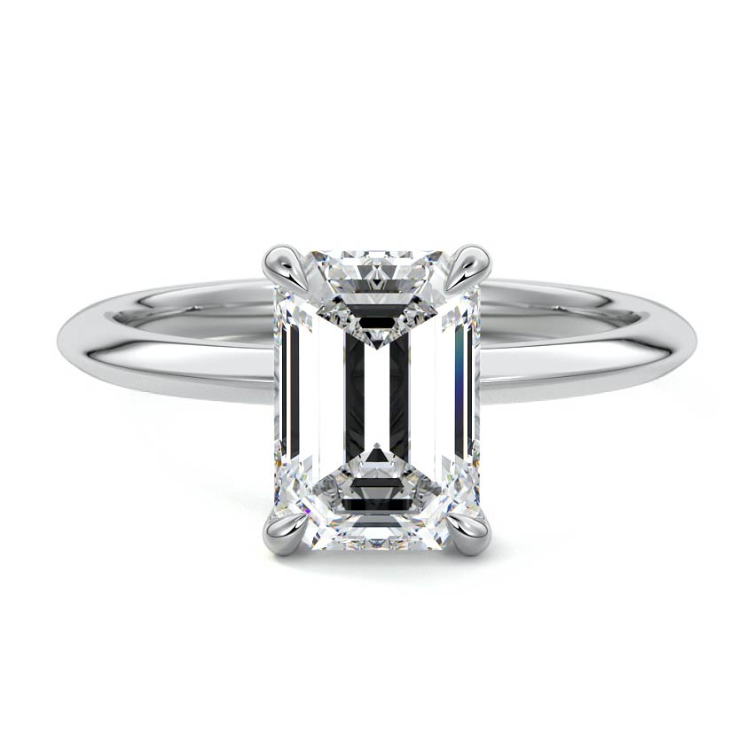 Silver Emerald Diamond Solitaire Engagement Ring with Sculpted Cathedral Setting