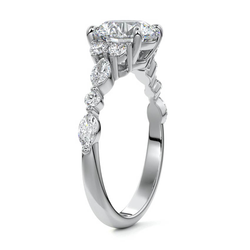 White gold Round Diamond Engagement Ring with Mixed Shape Side Stones and Prong Setting