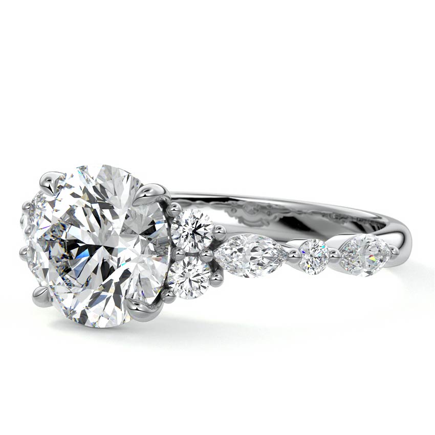 White gold Round Diamond Engagement Ring with Mixed Shape Side Stones and Prong Setting