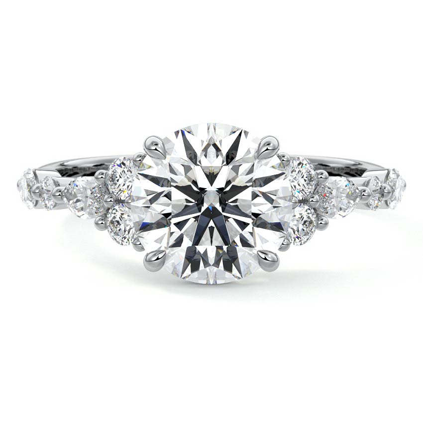 White gold Round Diamond Engagement Ring with Mixed Shape Side Stones and Prong Setting