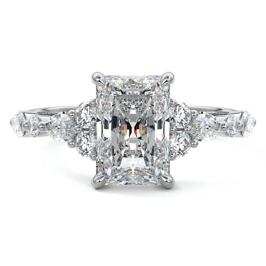 White gold Radiant Diamond Engagement Ring with Mixed Shape Side Stones and Prong Setting