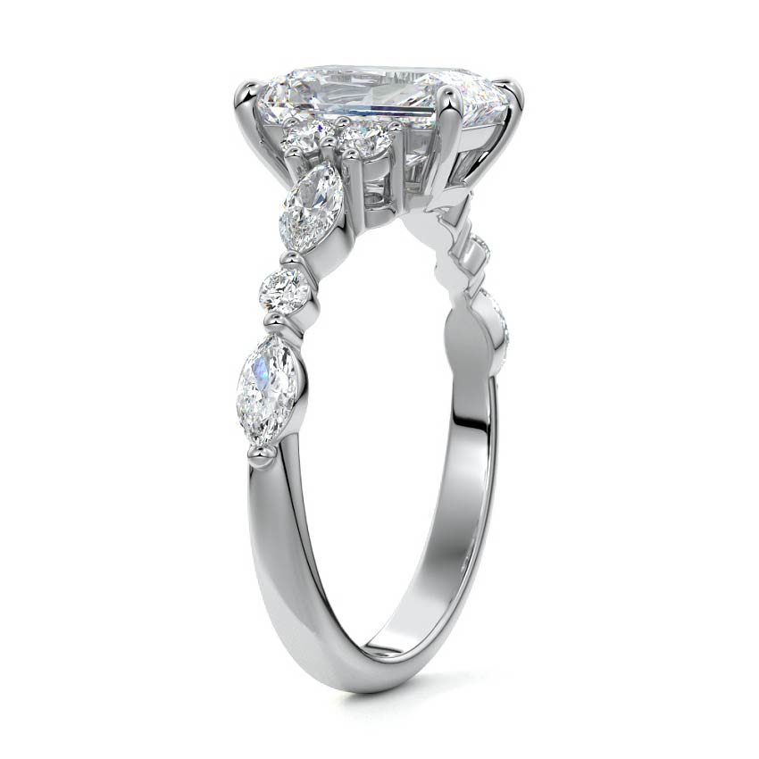 White gold Radiant Diamond Engagement Ring with Mixed Shape Side Stones and Prong Setting
