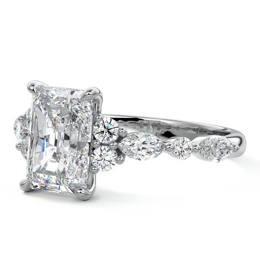 White gold Radiant Diamond Engagement Ring with Mixed Shape Side Stones and Prong Setting