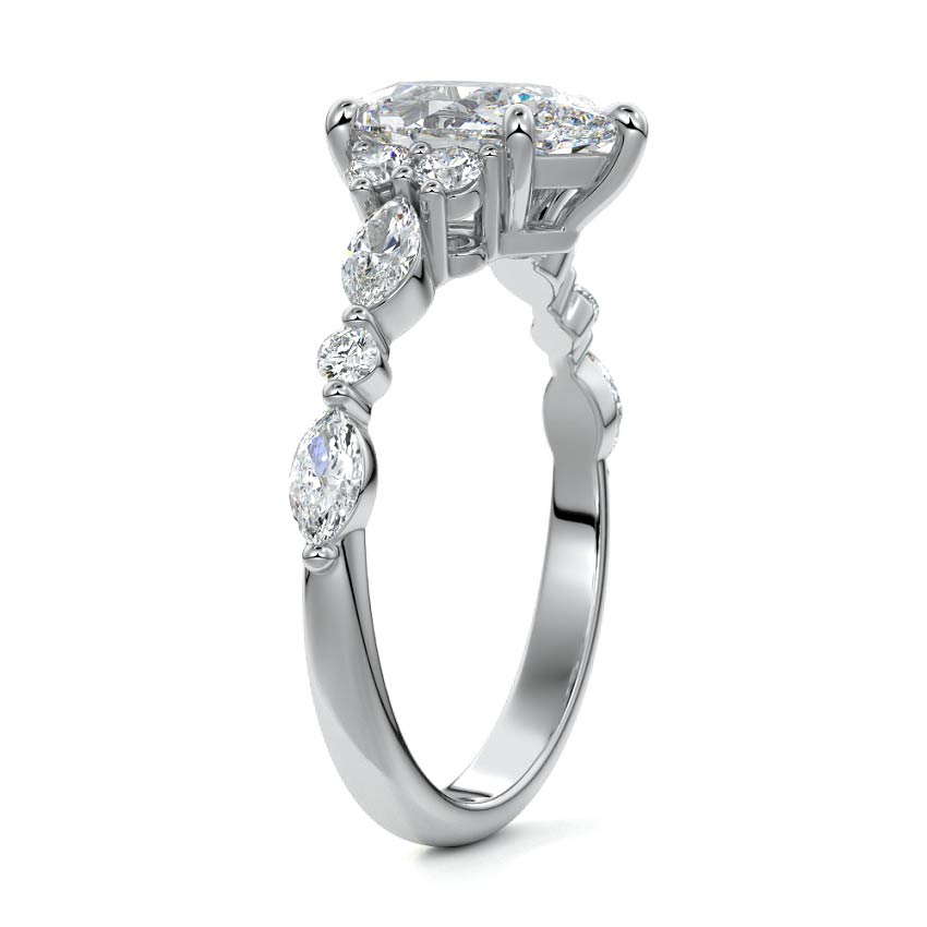 White gold Pear Diamond Engagement Ring with Mixed Shape Side Stones and Prong Setting