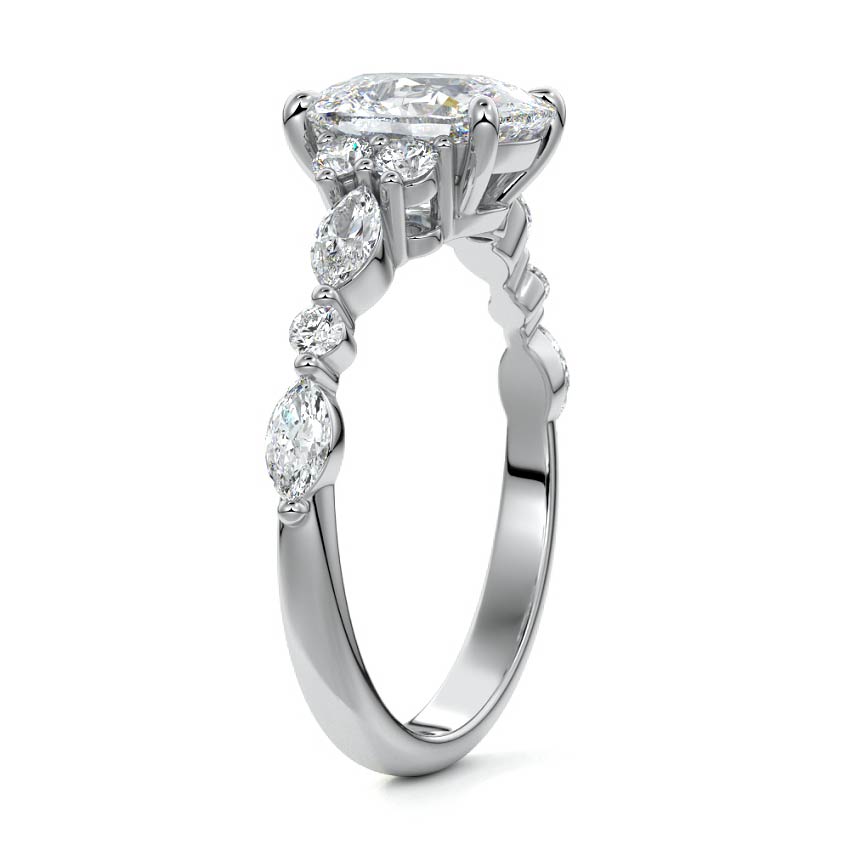 White gold Cushion Diamond Engagement Ring with Mixed Shape Side Stones and Prong Setting