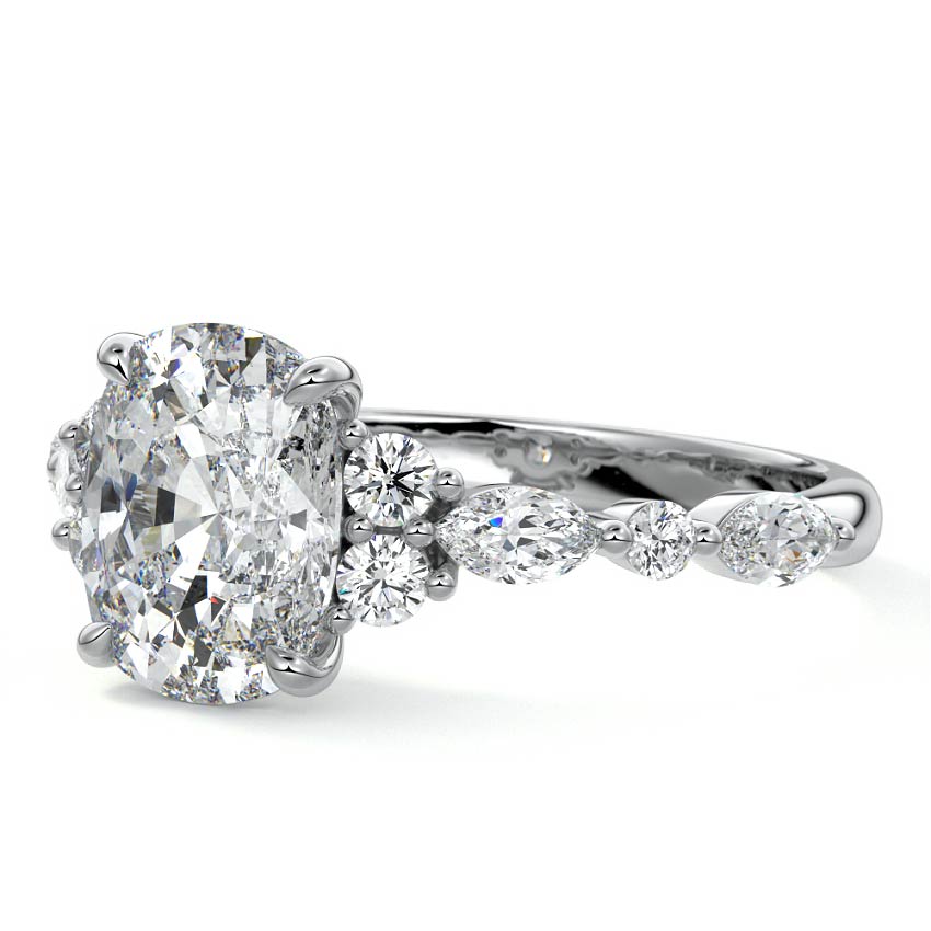 White gold Cushion Diamond Engagement Ring with Mixed Shape Side Stones and Prong Setting