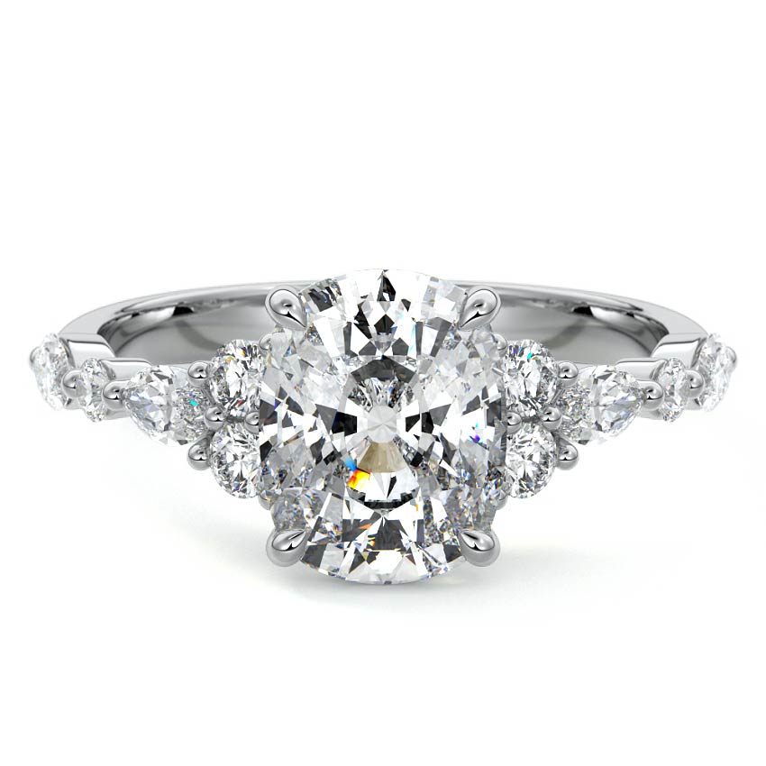 White gold Cushion Diamond Engagement Ring with Mixed Shape Side Stones and Prong Setting