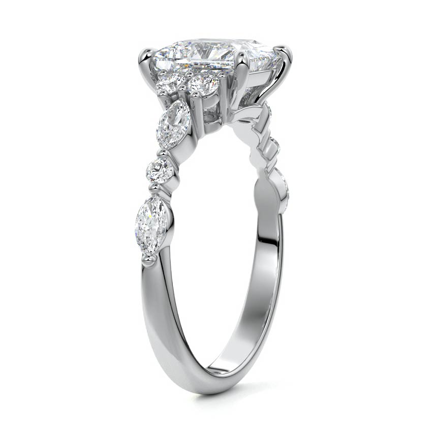 White gold Princess Diamond Engagement Ring with Mixed Shape Side Stones and Prong Setting