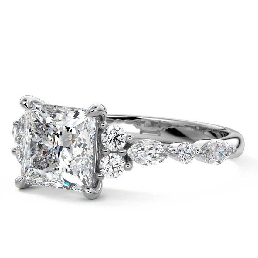 White gold Princess Diamond Engagement Ring with Mixed Shape Side Stones and Prong Setting