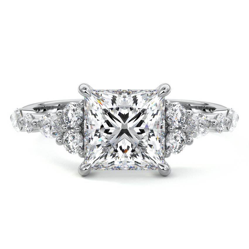 White gold Princess Diamond Engagement Ring with Mixed Shape Side Stones and Prong Setting
