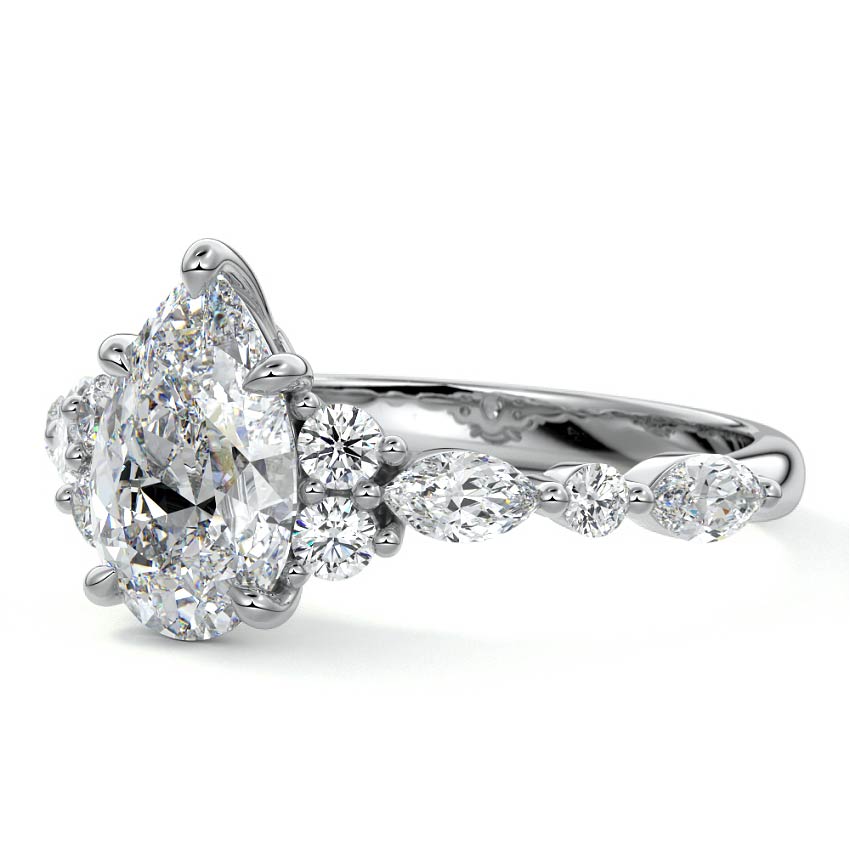 Silver Pear Diamond Engagement Ring with Mixed Shape Side Stones and Prong Setting
