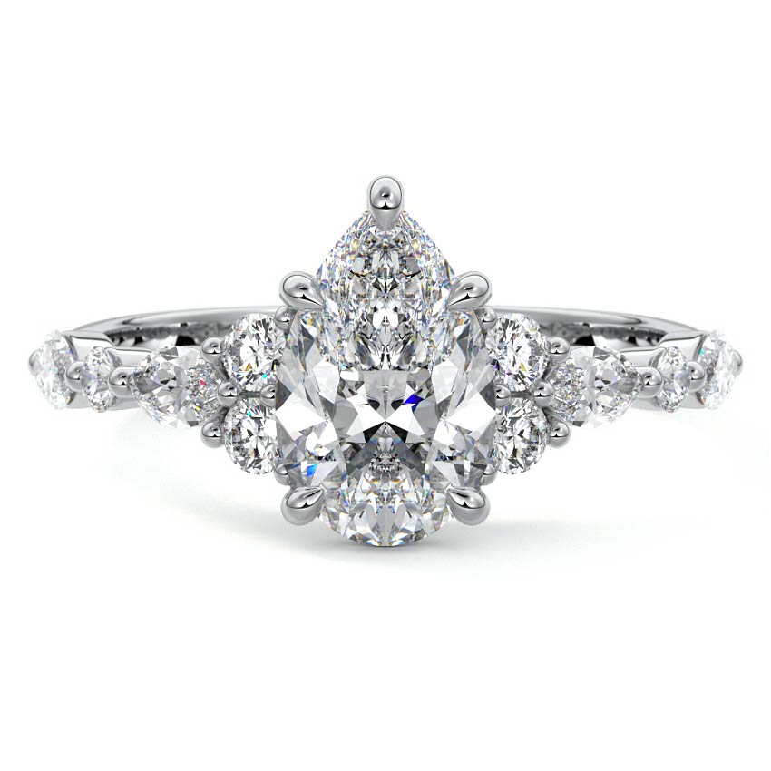 Silver Pear Diamond Engagement Ring with Mixed Shape Side Stones and Prong Setting