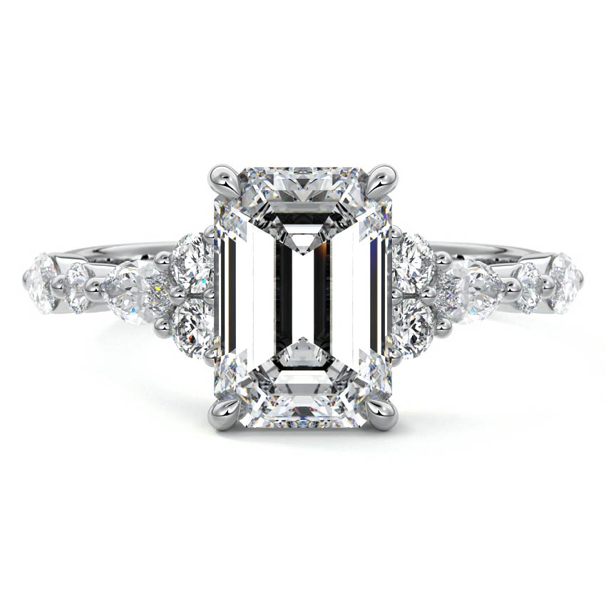 Silver Emerald Diamond Engagement Ring with Mixed Shape Side Stones and Prong Setting