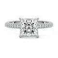 Silver Princess Diamond Hidden Halo Ring with Pavé Band and Prong Setting
