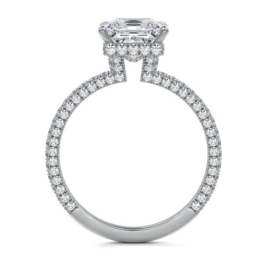 Silver Princess Diamond Hidden Halo Ring with Pavé Band and Prong Setting