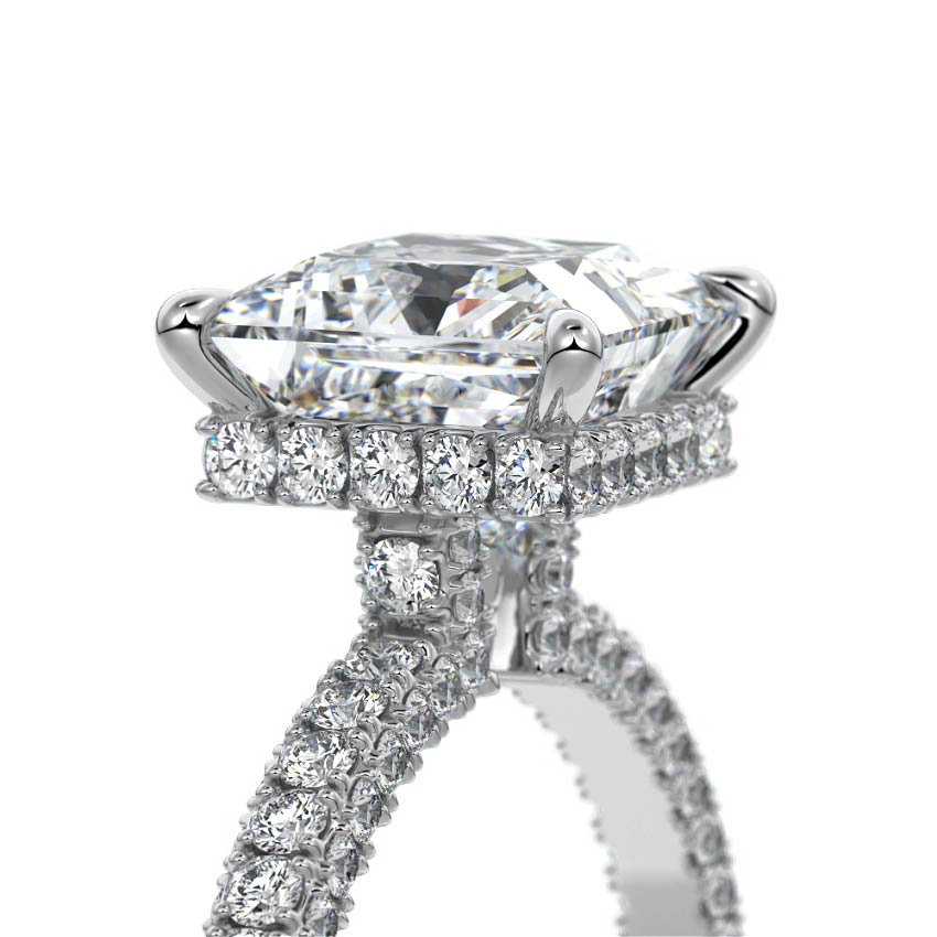 Silver Princess Diamond Hidden Halo Ring with Pavé Band and Prong Setting