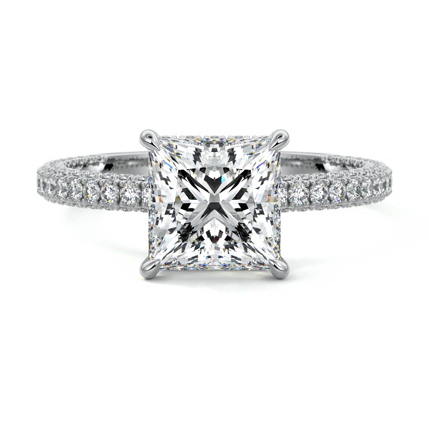 Silver Princess Diamond Hidden Halo Ring with Pavé Band and Prong Setting