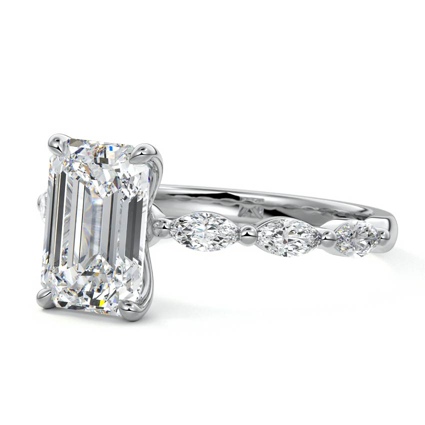 White gold Emerald Diamond Side Stone Engagement Ring