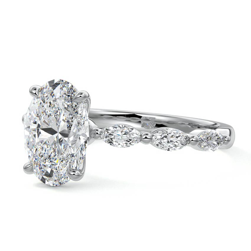 Silver Oval Diamond Side Stone Engagement Ring