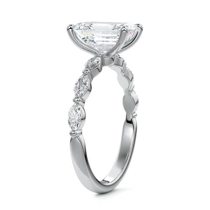 Silver Emerald Diamond Side Stone Engagement Ring