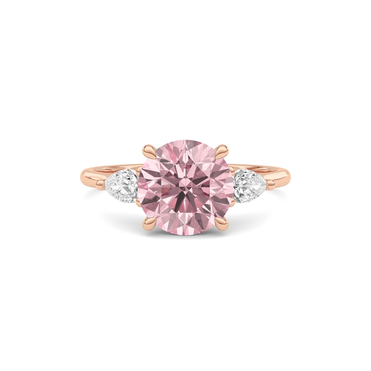 Rose gold Three-Stone Fancy Pink Round Cut Diamond Ring with Pear Side Stones