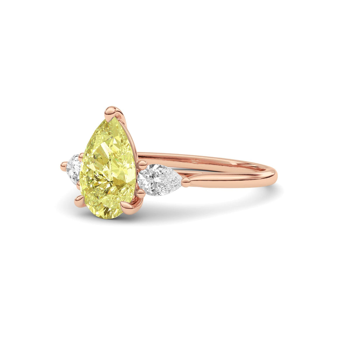 Rose gold Three-Stone Fancy Yellow Pear Cut Diamond Ring with Pear Side Stones