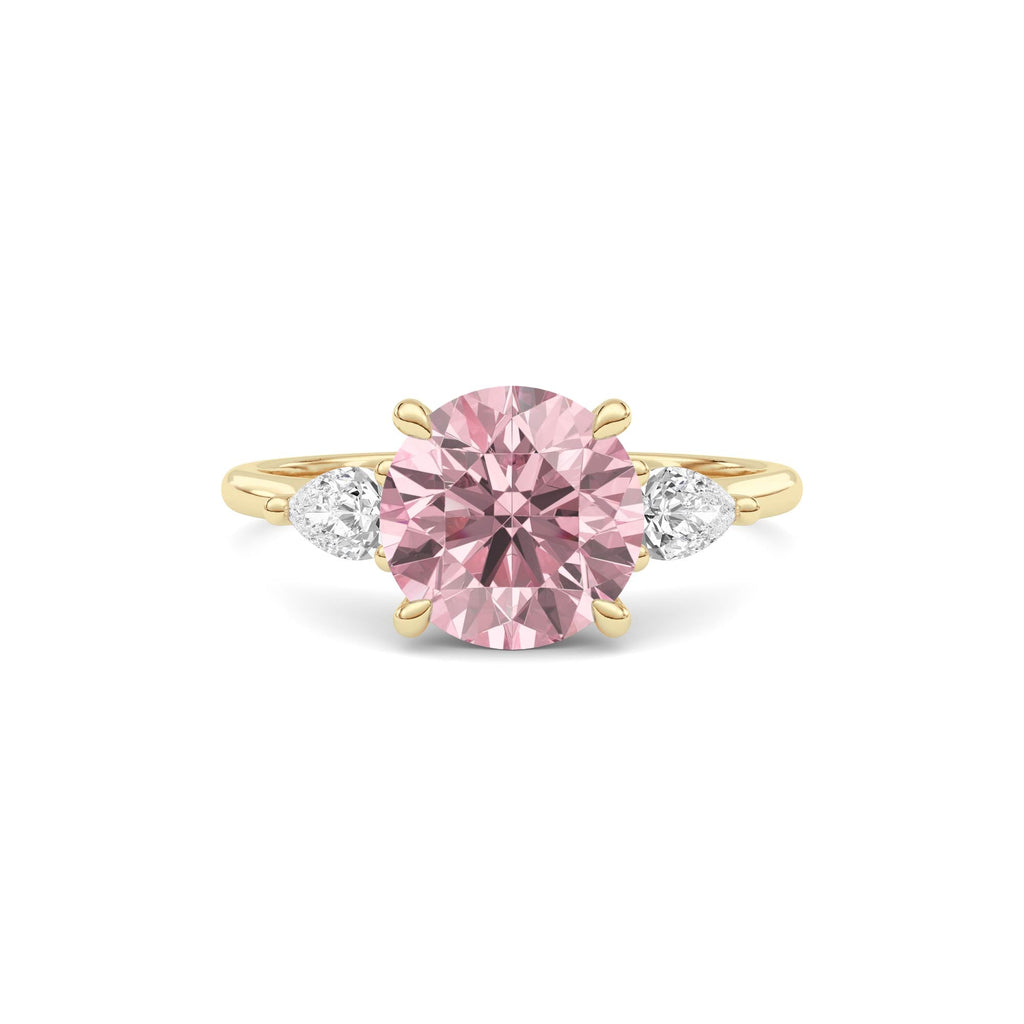 Yellow gold Three-Stone Fancy Pink Round Cut Diamond Ring with Pear Side Stones