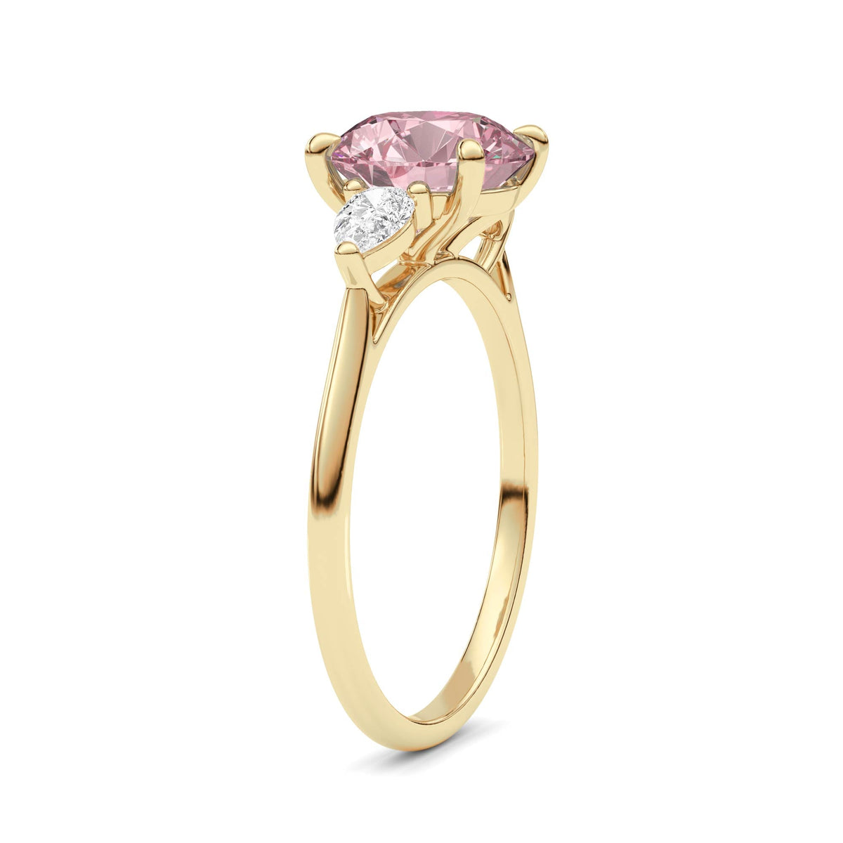 Yellow gold Three-Stone Fancy Pink Round Cut Diamond Ring with Pear Side Stones