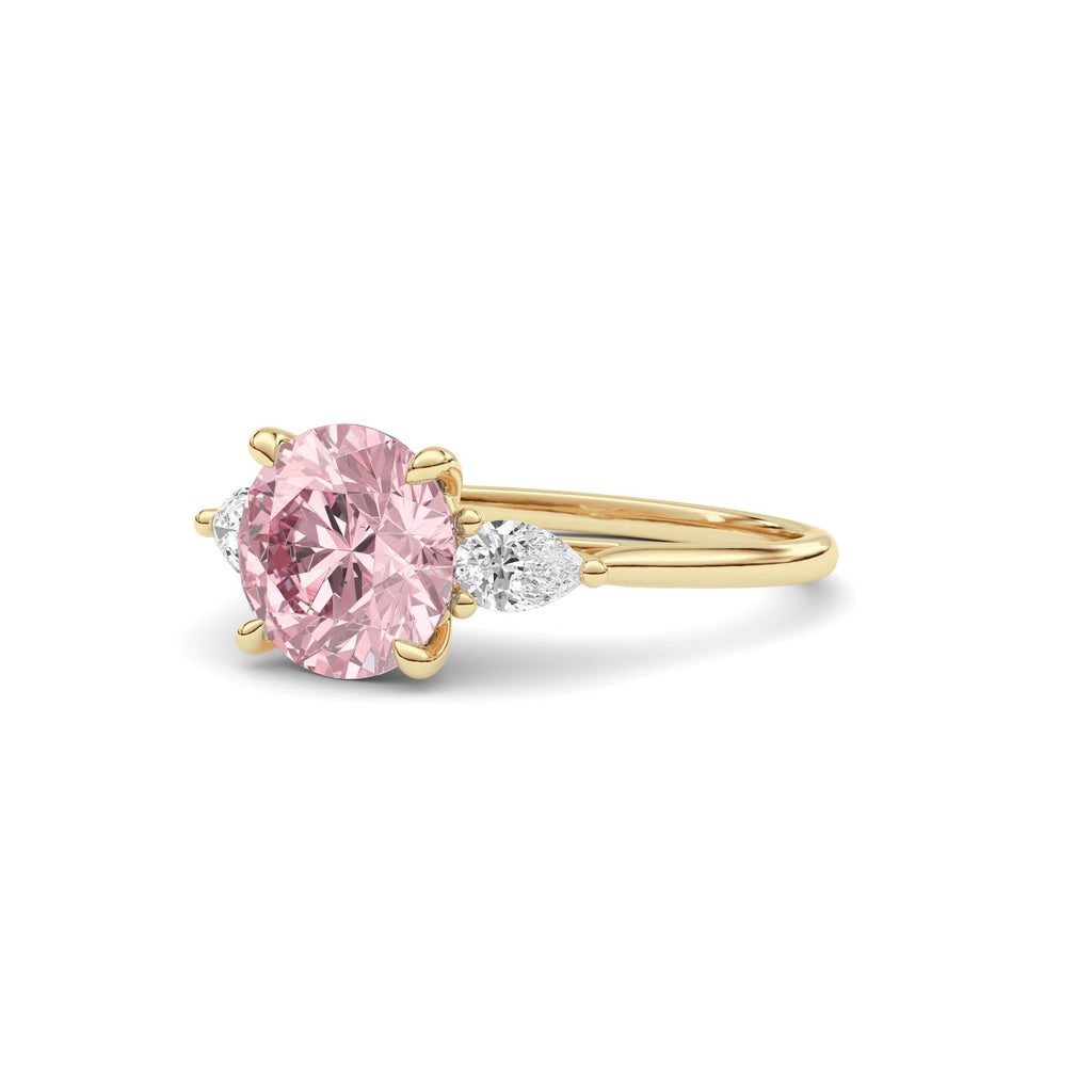 Yellow gold Three-Stone Fancy Pink Round Cut Diamond Ring with Pear Side Stones