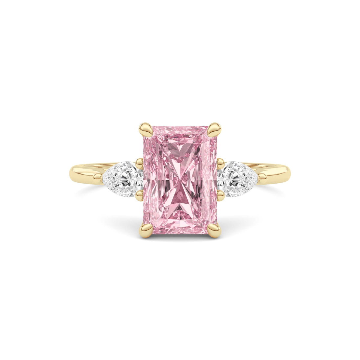 Yellow gold Three-Stone Fancy Pink Radiant Cut Diamond Ring with Pear Side Stones
