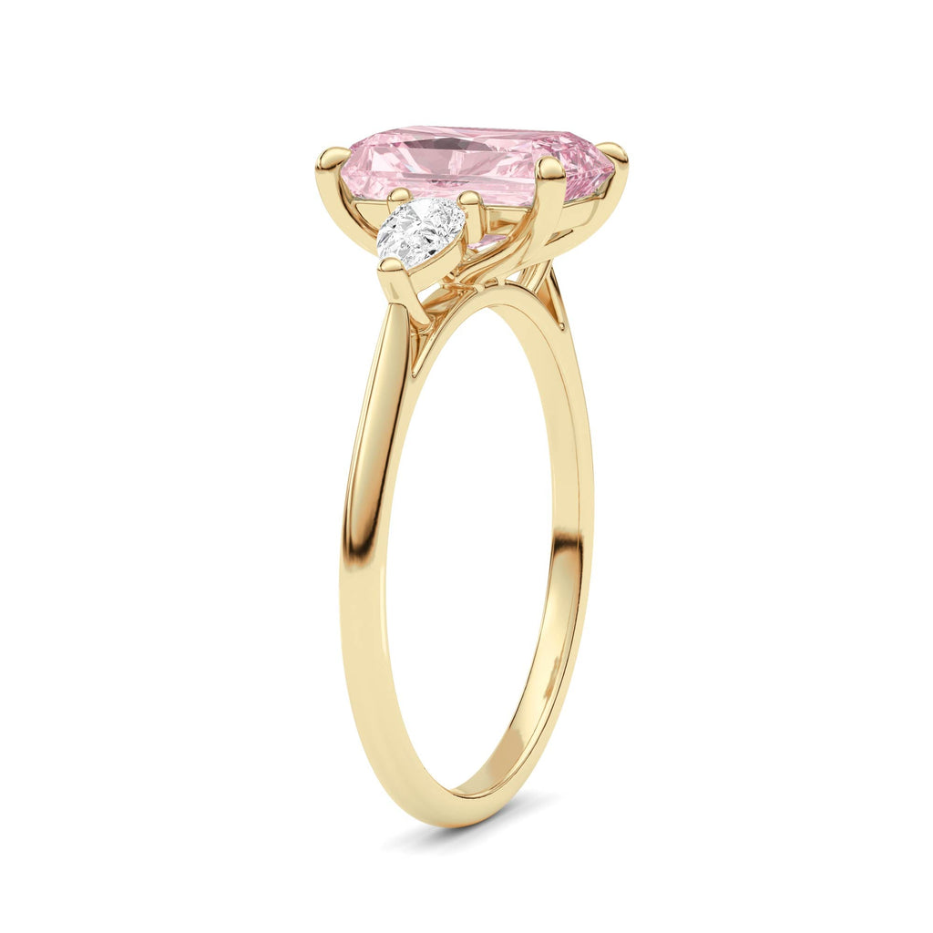 Yellow gold Three-Stone Fancy Pink Radiant Cut Diamond Ring with Pear Side Stones
