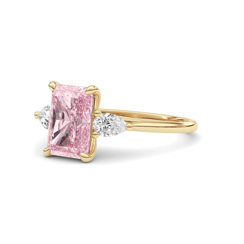 Yellow gold Three-Stone Fancy Pink Radiant Cut Diamond Ring with Pear Side Stones
