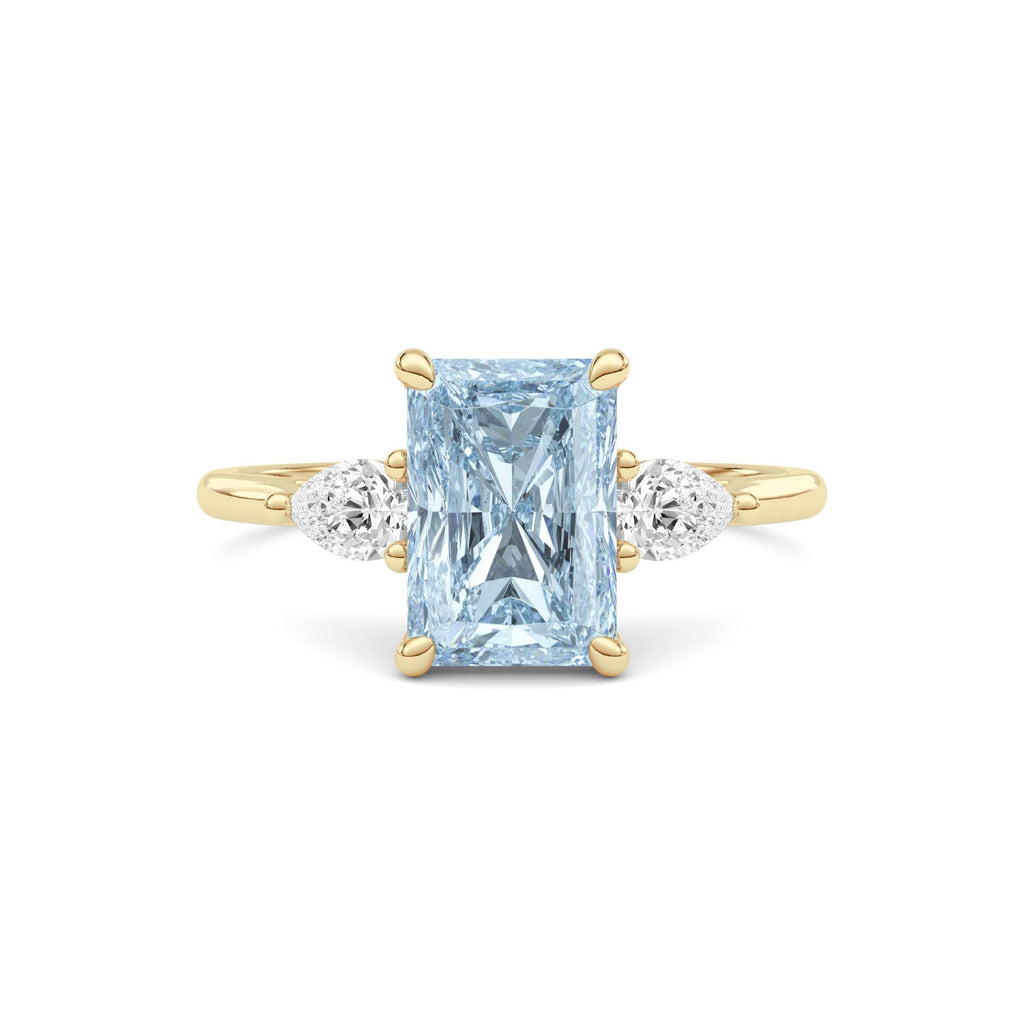 Yellow gold Three-Stone Fancy Blue Radiant Cut Diamond Ring with Pear Side Stones
