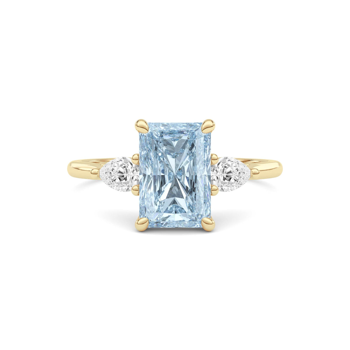 Yellow gold Three-Stone Fancy Blue Radiant Cut Diamond Ring with Pear Side Stones