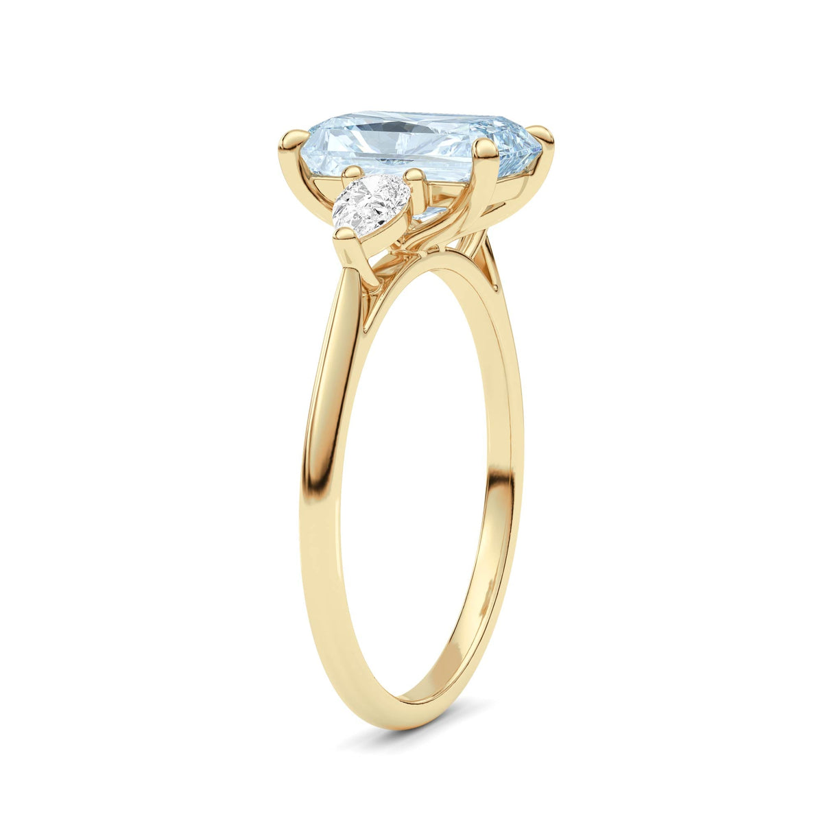 Yellow gold Three-Stone Fancy Blue Radiant Cut Diamond Ring with Pear Side Stones
