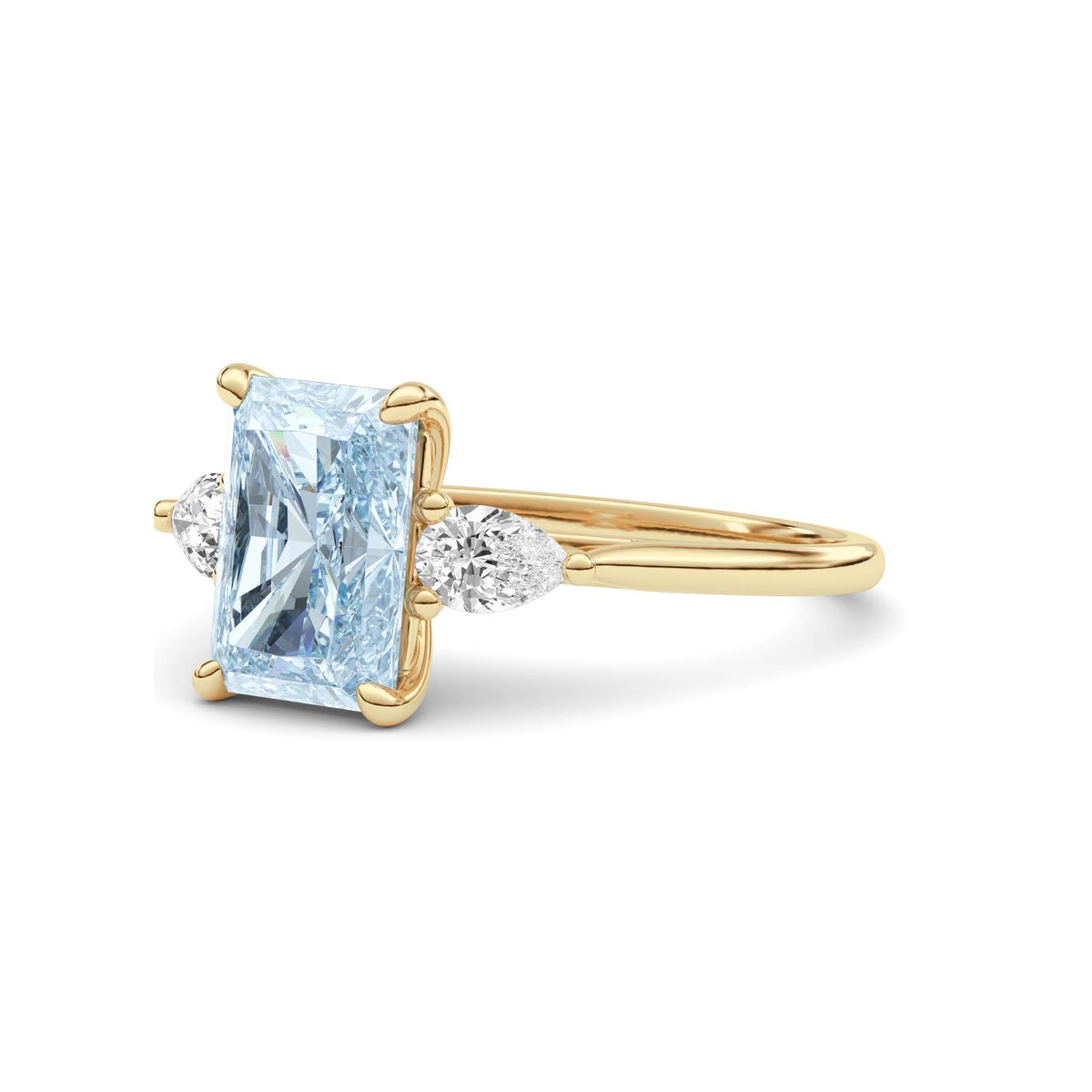 Yellow gold Three-Stone Fancy Blue Radiant Cut Diamond Ring with Pear Side Stones
