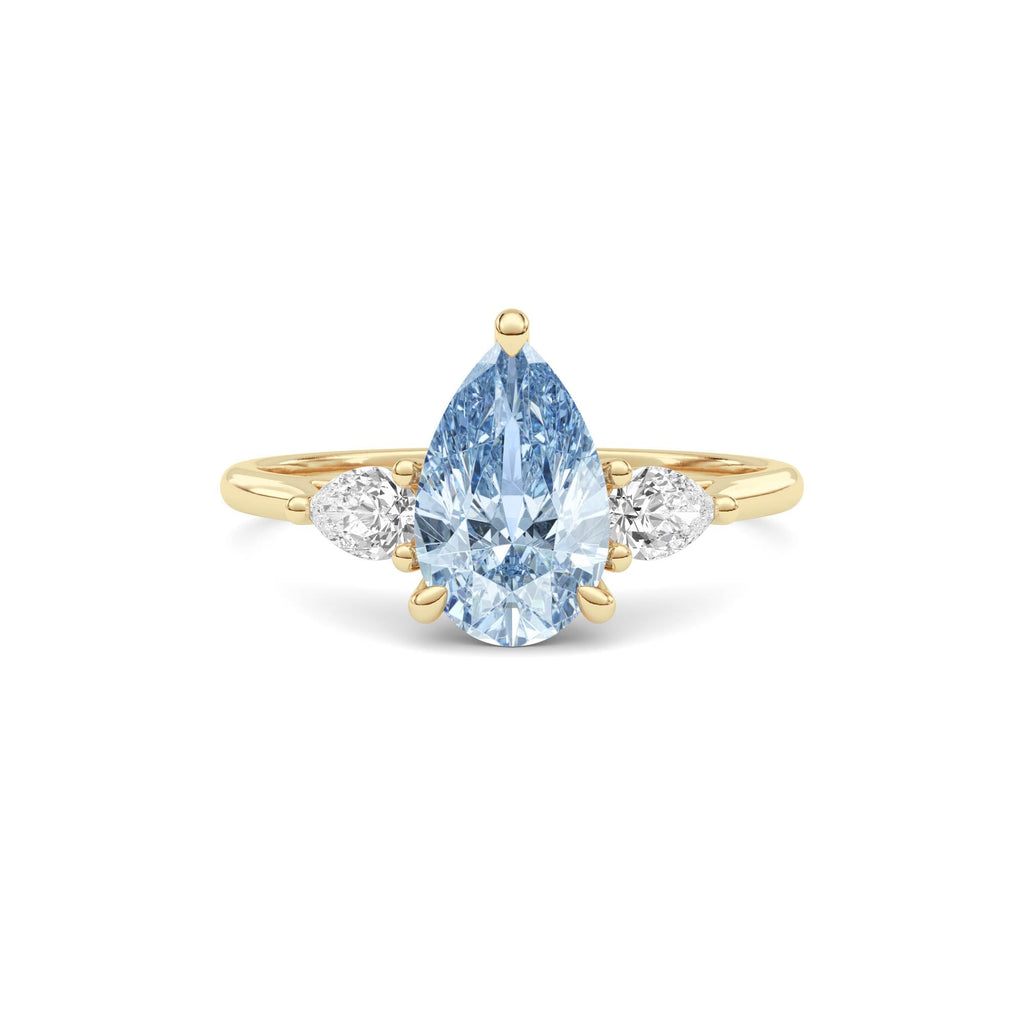 Yellow gold Three-Stone Fancy Blue Pear Cut Diamond Ring with Pear Side Stones