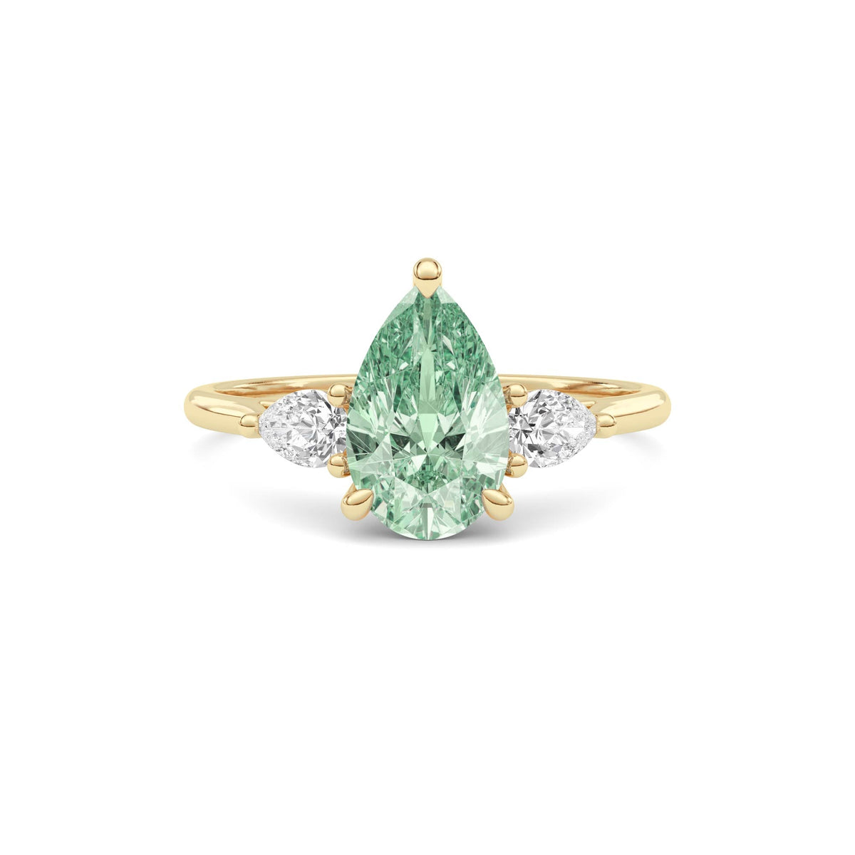 Yellow gold Three-Stone Fancy Green Pear Cut Diamond Ring with Pear Side Stones