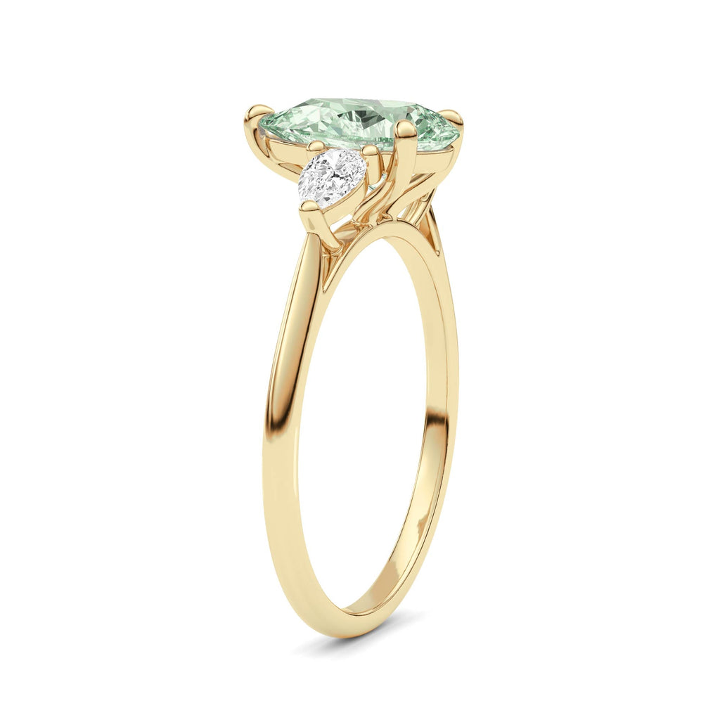 Yellow gold Three-Stone Fancy Green Pear Cut Diamond Ring with Pear Side Stones